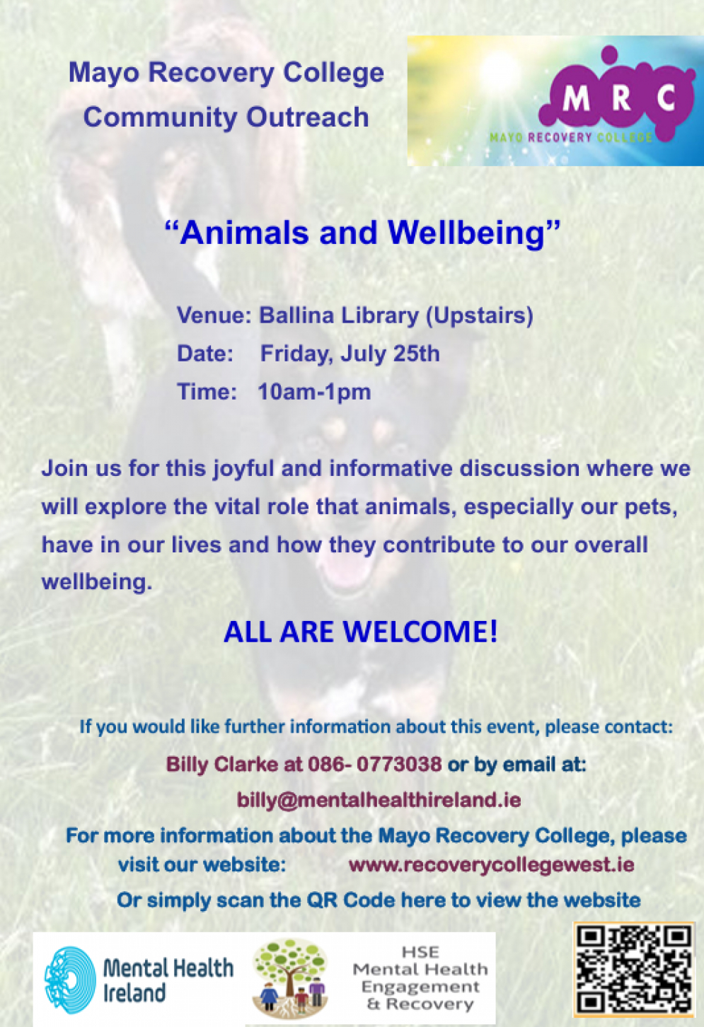 Mayo Recovery College &quot;Community Outreach&quot; Module: Animals and Wellbeing-July 25th, 10am-1pm