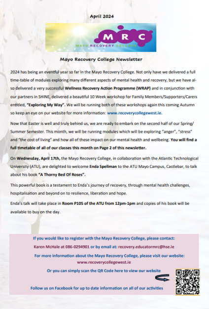 Mayo Recovery College-April 2024 Newsletter