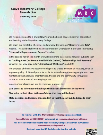 Mayo Recovery College: February 2025 Newsletter