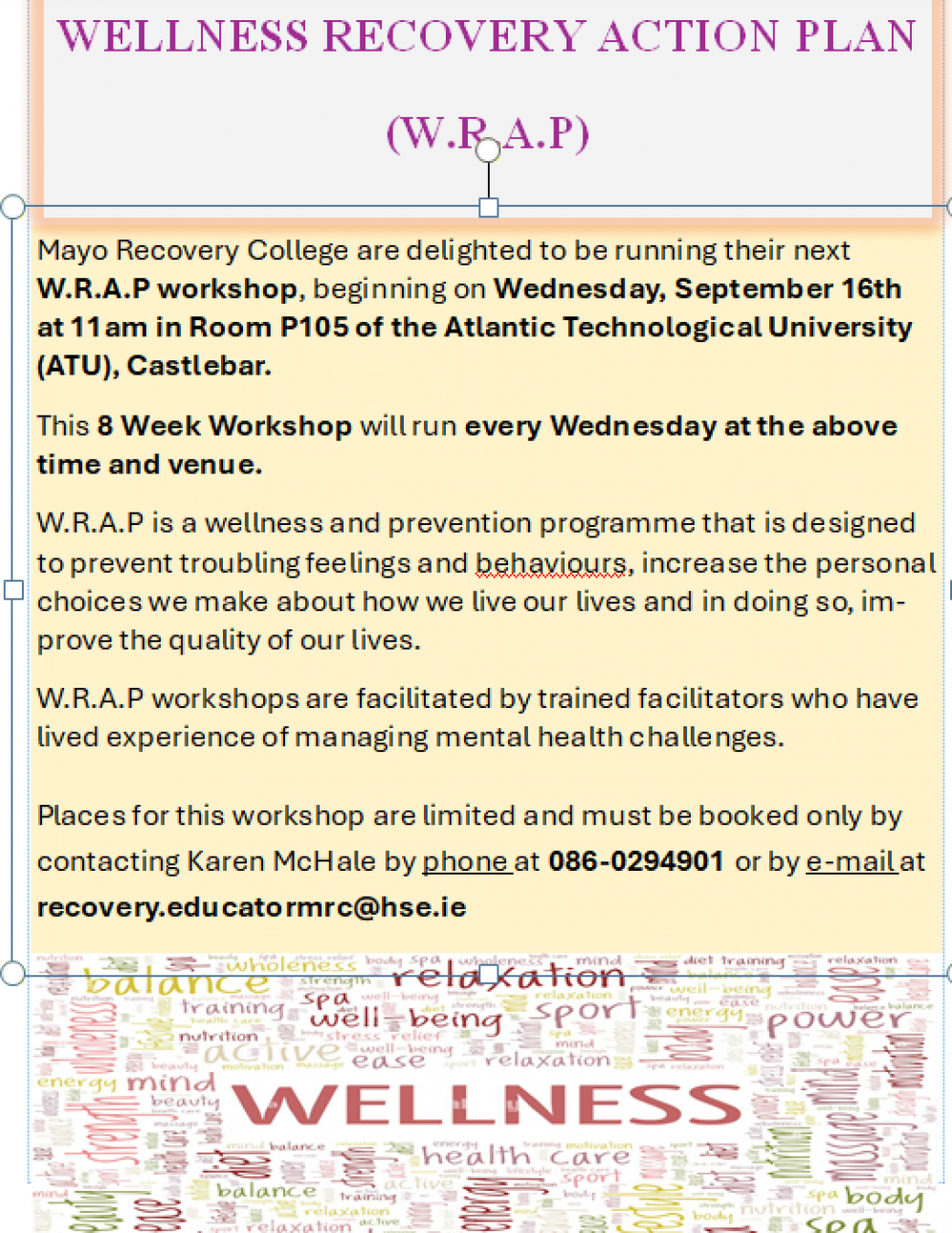 Wellness Recovery Action Plan (WRAP)- 8 Week Programme beginning on Wednesday, Sept 16th