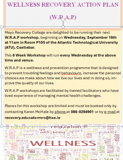 Wellness Recovery Action Plan (WRAP)- 8 Week Programme beginning on Wednesday, Sept 16th