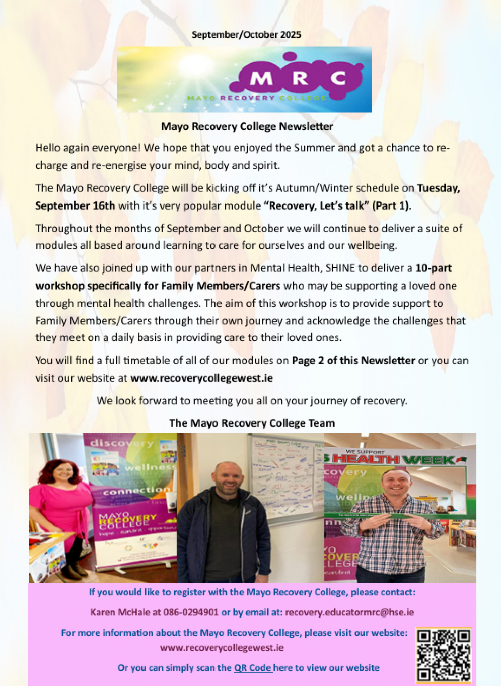 Mayo Recovery College Autumn Newsletter + Timetable for September/October 2025