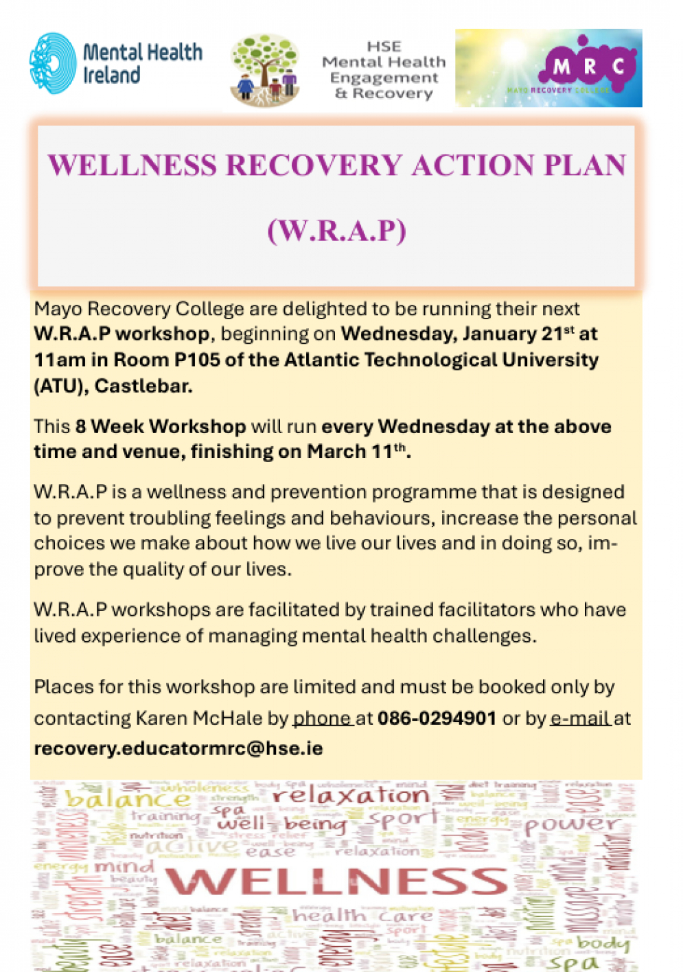 Wellness Recovery Action Plan (W.R.A.P) Beginning Jan21st,2026 facilitated by Mayo Recovery College