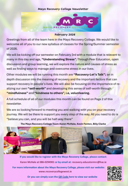 Mayo Recovery College Newsletter and Timetable: February 2026